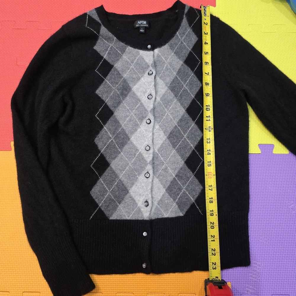 Apt. 9‎ 100% Cashmere Argyle Cardigan Sweater Black Gray Size L (Fits like M)